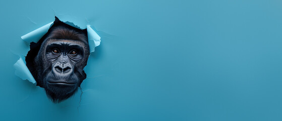 Mysterious image of a gorilla's partial face peeking through a torn blue paper