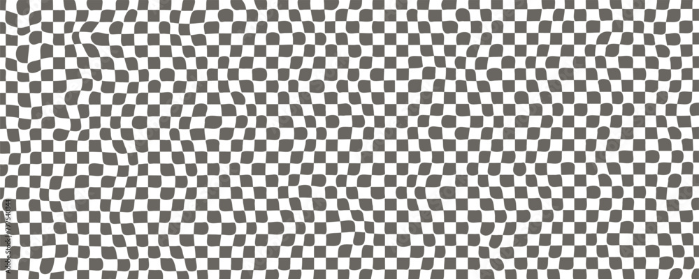 Poster Trippy checkerboard background. Retro psychedelic checkered wallpaper. Wavy groovy chessboard surface. Distorted geometric pattern. Abstract monochrome vector backdrop