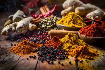 Assorted spices on rustic wood creating colorful culinary scene