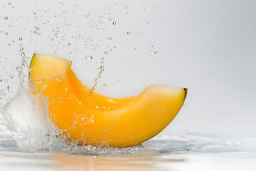 Fresh yellow bell pepper slice splashing into water