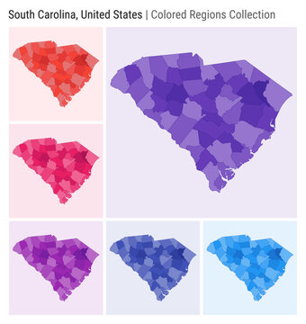 South Carolina, United States. Map collection. State shape. Colored counties. Deep Purple, Red, Pink, Purple, Indigo, Blue color palettes. Border of South Carolina with counties. Vector illustration.
