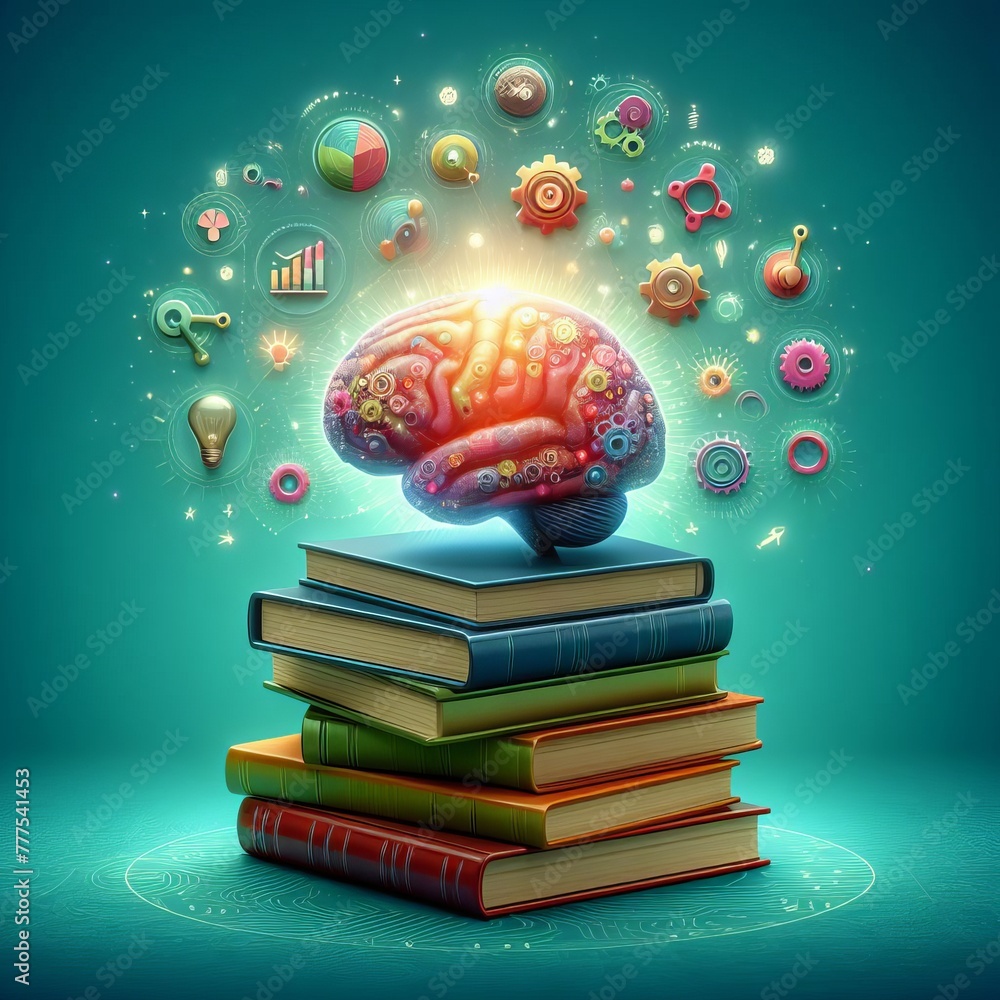 Poster a vibrant conceptual image of a brain atop a stack of books, surrounded by icons of learning and cre