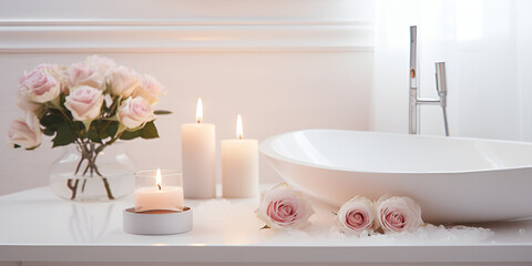 Obraz na płótnie Canvas pink rose and bath, A bath tub with candles and flowers on it 