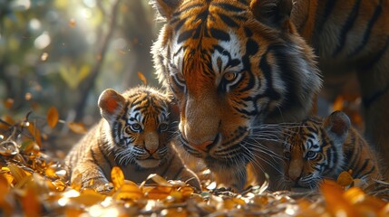 tiger cubs and mother in the wild nature habitat - obrazy, fototapety, plakaty