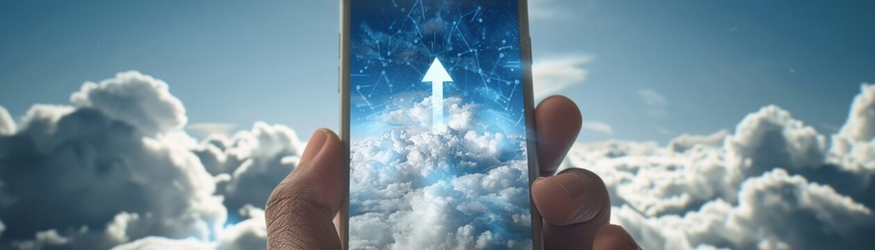 Closeup of a smartphone in hand, screen displaying an ascending arrow amidst clouds, vision and ambition beyond limits.