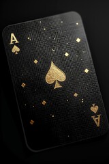 A black ace playing card, its surface showcasing subtle imperfections, hangs suspended in mid-air. The gold lettering on the card appears to float, bathed in the stark contrast of a V-Ray rendered