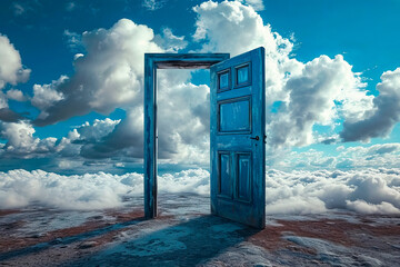 Blue door with key slot is depicted in front of cloudy sky.
