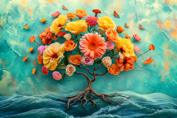 Tree with flowers painted on blue canvas background.