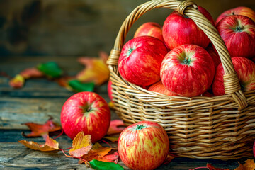 Naklejka na ściany i meble Basket full of red apples sits on table surrounded by more apples.