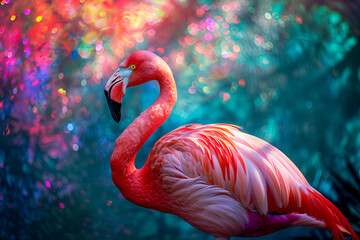 Pink flamingo with yellow beak stands in front of colorful background. - obrazy, fototapety, plakaty