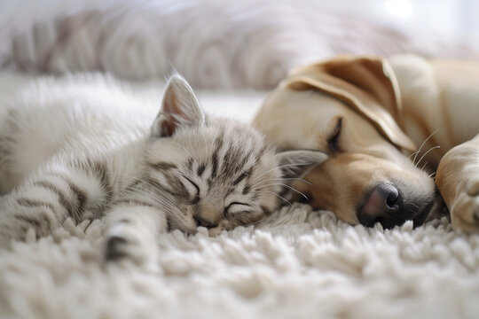 Adorable Kitten and Puppy Cuddling Together on White Carpet at Home
