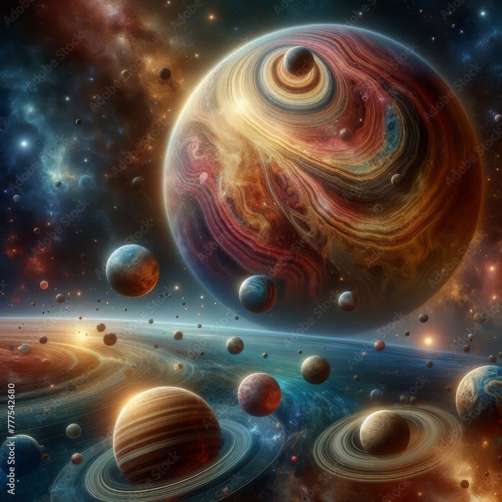 Poster this digital artwork features a stunning representation of a swirling gas giant surrounded by an arr