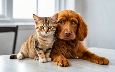 Cat and dog sit side by side on table near window.