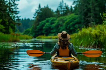 Woman enjoying kayak trip on the river, peaceful outdoor activity