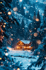 House in snowy forest at night with lights on inside.
