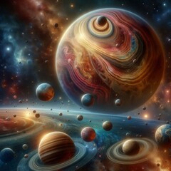 This digital artwork features a stunning representation of a swirling gas giant surrounded by an array of planets against a starry space backdrop, evoking a sense of cosmic wonder. AI generation