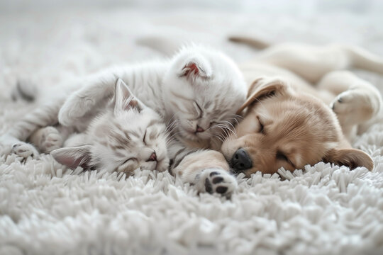 Adorable Kitten and Puppy Cuddling Together on White Carpet at Home