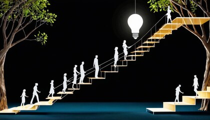Paper silhouettes of people ascending a staircase toward a bright light bulb symbolize growth and inspiration against a dark backdrop with trees. AI generation