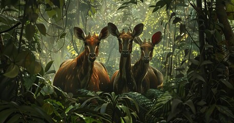 3 okapi in the jungle, somewhat hidden behind the leaves. red/brown fur, landscape, cinematic