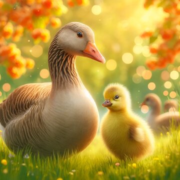 Illustration of mommy goose and cute baby gosling
