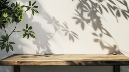 Wooden table and white empty wall with plant shadows. Table shadow background