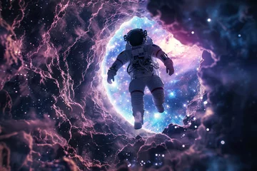 Foto op Canvas An awe-inspiring image capturing an astronaut effortlessly gliding through a vibrant nebula, representing the vastness of space © Fxquadro