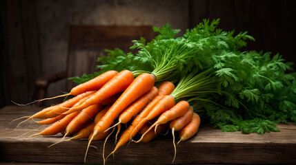 Bunch of carrots are on wooden table. - obrazy, fototapety, plakaty