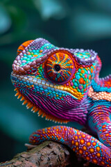 Colorful lizard with vibrant blue red and green pattern on its body.
