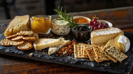 A decadent cheese board adorned with a selection of artisanal cheeses, including creamy brie, tangy blue cheese, and sharp cheddar, paired with sweet honeycomb, 