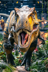 Close up of dinosaur with open mouth and large fangs.
