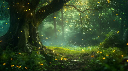 Enchanted Forest Glade with Magical Fireflies Dancing Around Mystical Tree, Fairy Tale - obrazy, fototapety, plakaty