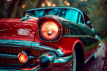 Red and black classic car with its lights on.