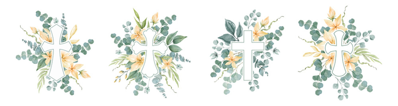 Set of Christian crosses with green leaves and yellow flowers. Watercolor illustration for Easter, Baptism, Christening, invitations, cards, packaging.