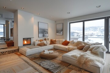 Modern interior of a country house with a fireplace and a panoramic window