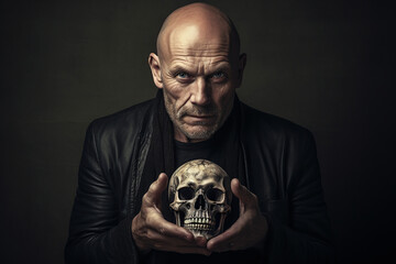 Poetic Reverie: Middle-Aged Bard Contemplating Mortality with Human Skull