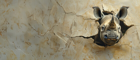 A compelling visual of a rhino coming through a cracked aged wall, illustrating break free concept or breaking barriers