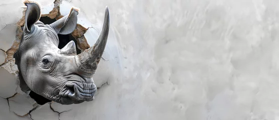 Gordijnen An impactful image of a rhino bursting through a white wall, depicting power and breaking through obstacles © Fxquadro