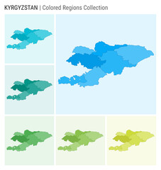 Kyrgyzstan map collection. Country shape with colored regions. Light Blue, Cyan, Teal, Green, Light Green, Lime color palettes. Border of Kyrgyzstan with provinces for your infographic.