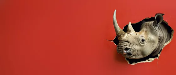  A 3D-rendered rhino bursts energetically through a vibrant red backdrop, symbolizing urgency and action © Fxquadro