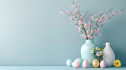 easter eggs and flowers in a vase - easter still life - easter card design background with solid light blue background and copy space - pastel colors