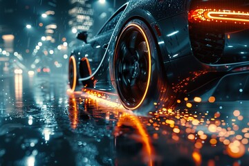Close-up of a dark, spotted car racing wheel in a high-speed spin, reminiscent of an animated GIF. Deeply detailed treads blur with motion, evoking a cyberpunk atmosphere with glowing lights. - obrazy, fototapety, plakaty