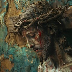 Statue of a crucified figure with a crown of thorns, showing signs of weathering and age.
