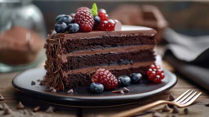 A decadent chocolate truffle cake, with layers of rich chocolate sponge cake, velvety ganache, and smooth chocolate mousse, - obrazy, fototapety, plakaty