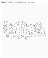 Turkey plain country map. High Details. Outline Regions style. Shape of Turkey. Vector illustration.