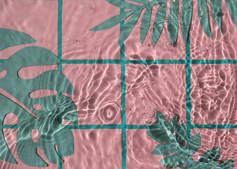 Water texture on pink checkered pattern background on the noon sunlight with handcut paper tropical leaves. Copy space