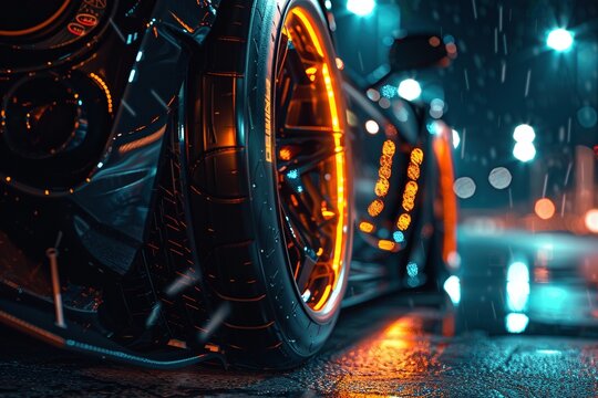 Close-up of a dark, spotted car racing wheel in a high-speed spin, reminiscent of an animated GIF. Deeply detailed treads blur with motion, evoking a cyberpunk atmosphere with glowing lights.