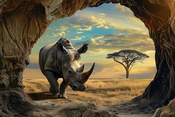 An atmospheric image showcasing a rhino in motion in its natural habitat, with a backdrop of iconic African trees and rock formations - obrazy, fototapety, plakaty