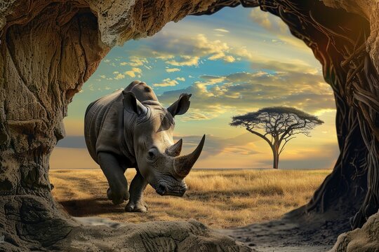 An atmospheric image showcasing a rhino in motion in its natural habitat, with a backdrop of iconic African trees and rock formations