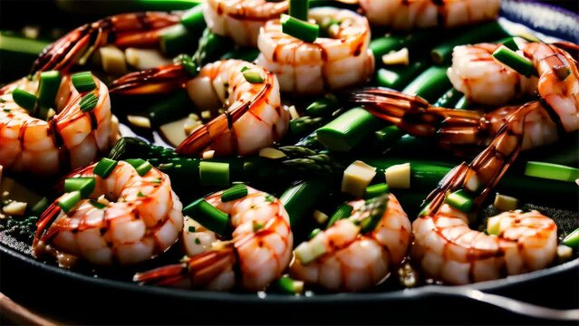 A sizzling cast-iron skillet showcases a delicious stir-fry of shrimps and asparagus, perfect for culinary stock imagery.