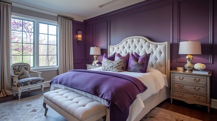 an image of a stylish and upscale bedroom featuring a prominent purple wall attractive look